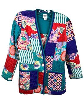 Vintage 80s Jeanne Marc Quilted Jacket Pockets Floral Stripe